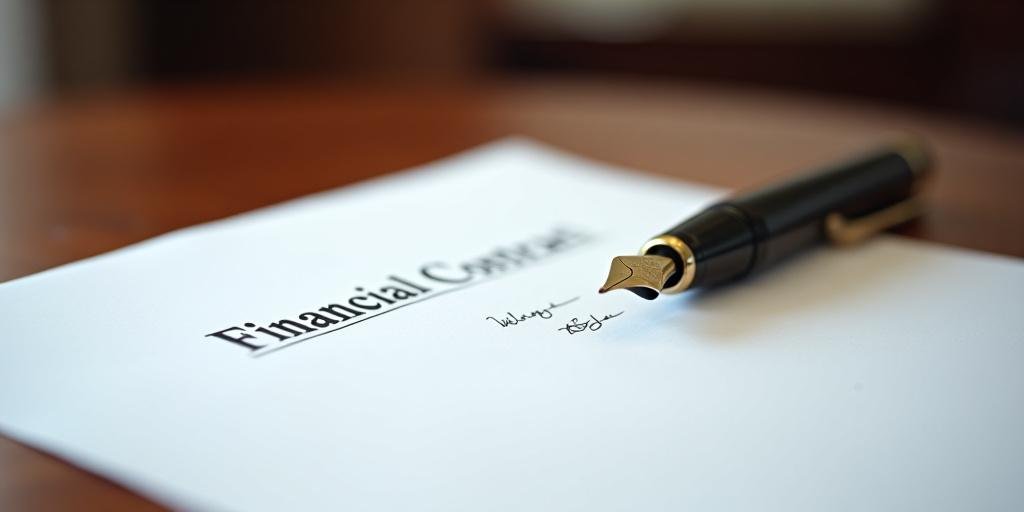 Close up of a financial contract with a fountain pen on a mahogany desk